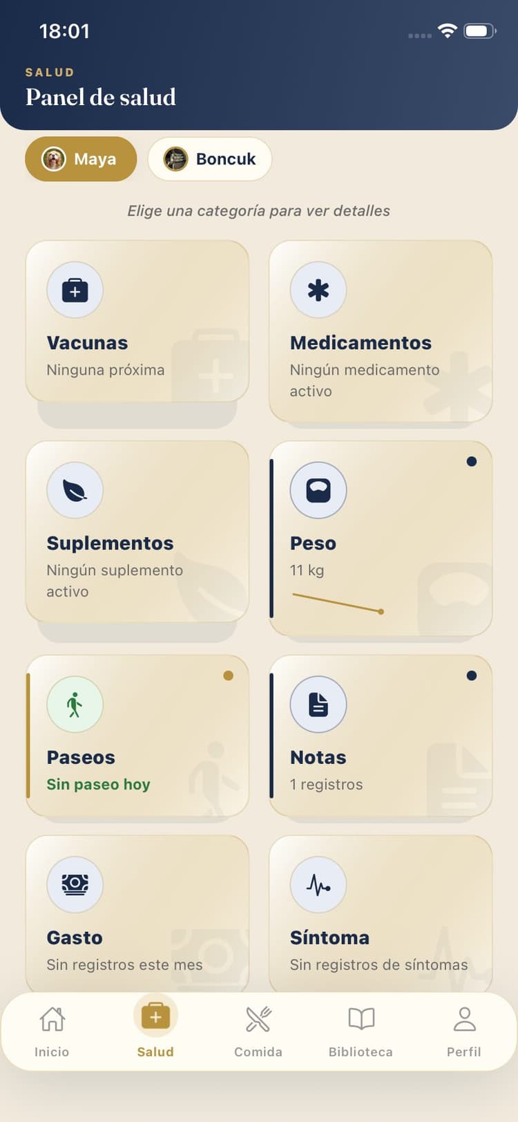 Pantalla de la app Maya Pet