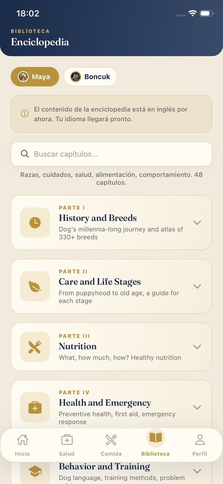Pantalla de la app Maya Pet
