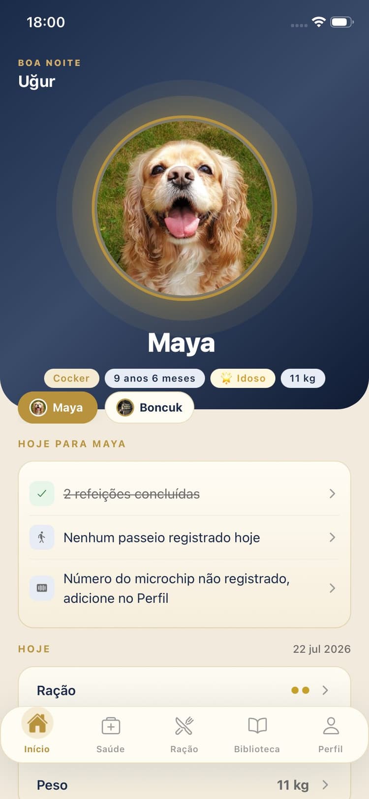 Tela do app Maya Pet