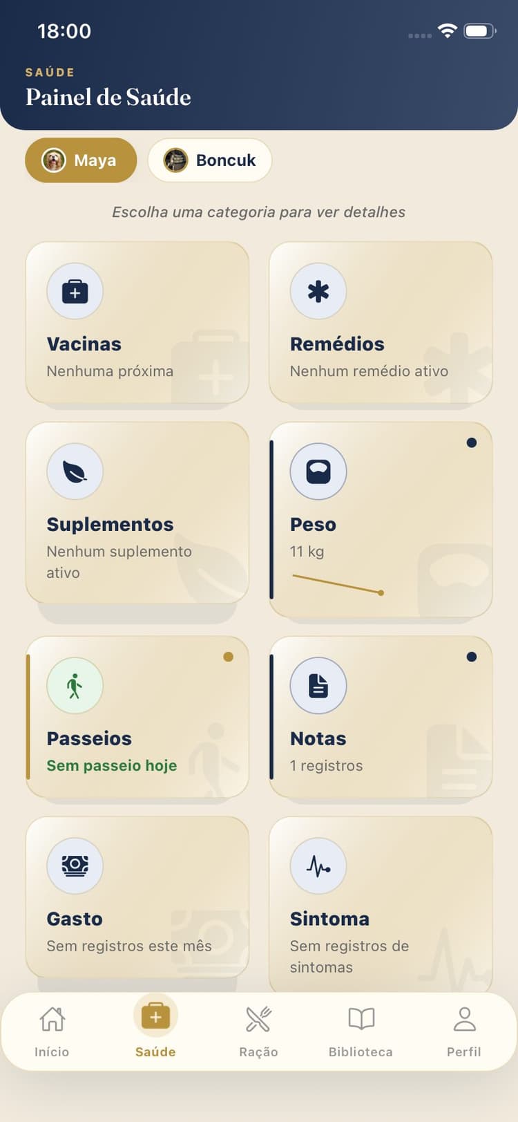 Tela do app Maya Pet