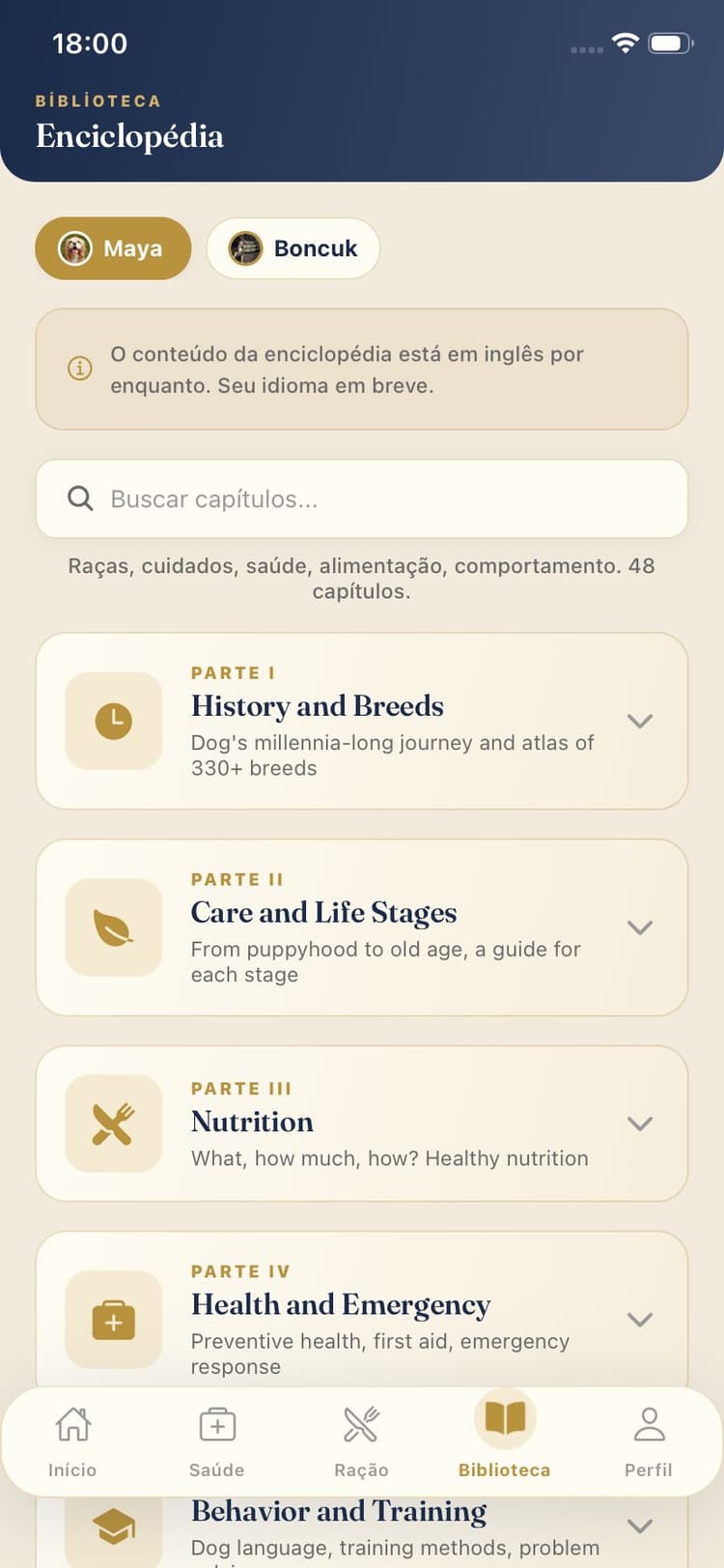 Tela do app Maya Pet